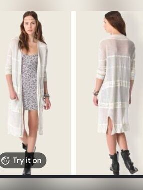 Free People High Tide Long Open Knit Cream Cardigan Sweater - Flaw. Read - M